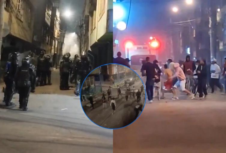Capturas de pantalla de diferentes videos que muestran un enfrentamiento entre encapuchados y la Undmo en Bilbao, Suba.