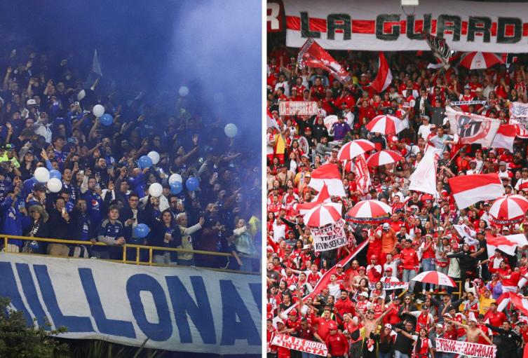 Clásico capitalino entre Millonarios y Santa Fe Hinchadas de Millonarios y Santa Fe