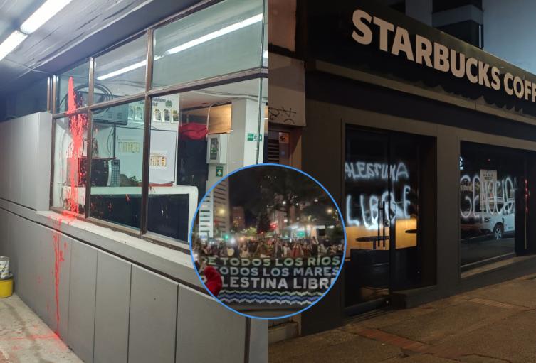 Combo de imágenes de un CAI de la Policía, un local comercial y las protestas por Palestina, en la calle 72 de Bogotá
