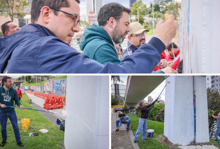 Galán se las dio de artista y lideró jornada de pintura en puentes de Bogotá