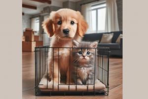 Perro y gato en un guacal, en casa vacía