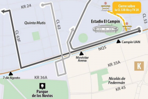 Cierres y desvíos por partido en El Campín complican la movilidad en Bogotá