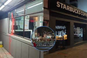 Combo de imágenes de un CAI de la Policía, un local comercial y las protestas por Palestina, en la calle 72 de Bogotá