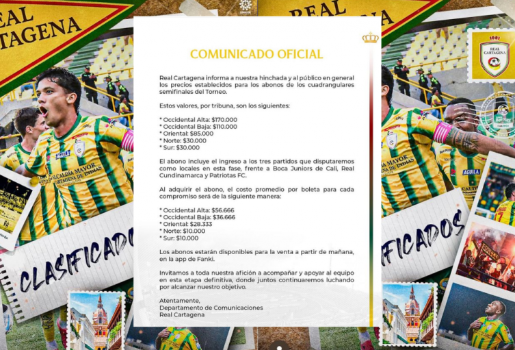 Comunicado de Real Cartagena sobre precios de boletas