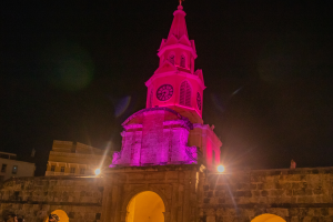 Torre del Reloj iluminada por el Mes Rosa