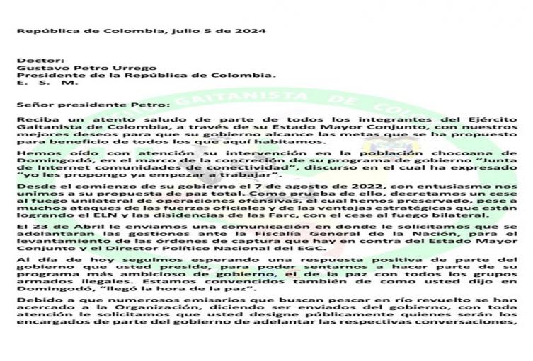 Carta Clan del Golfo al presidente