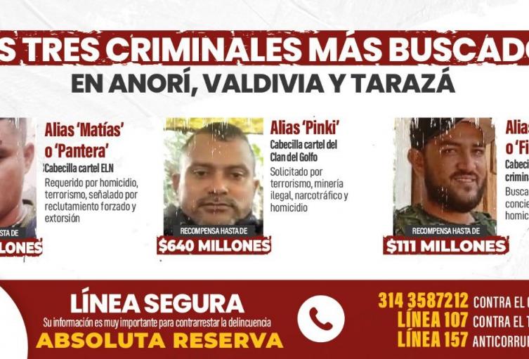 Ofrecen millonaria recompensa por cabecillas en Antioquia 