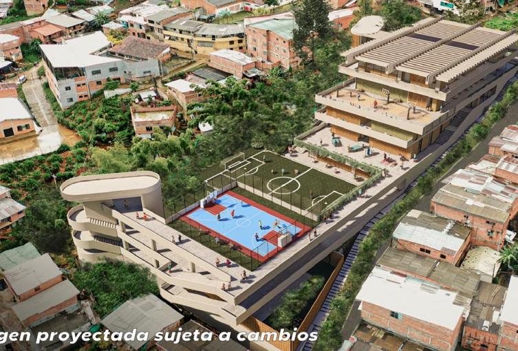 Render de la Institución Educativa Bello Oriente, megacolegio de Medellín
