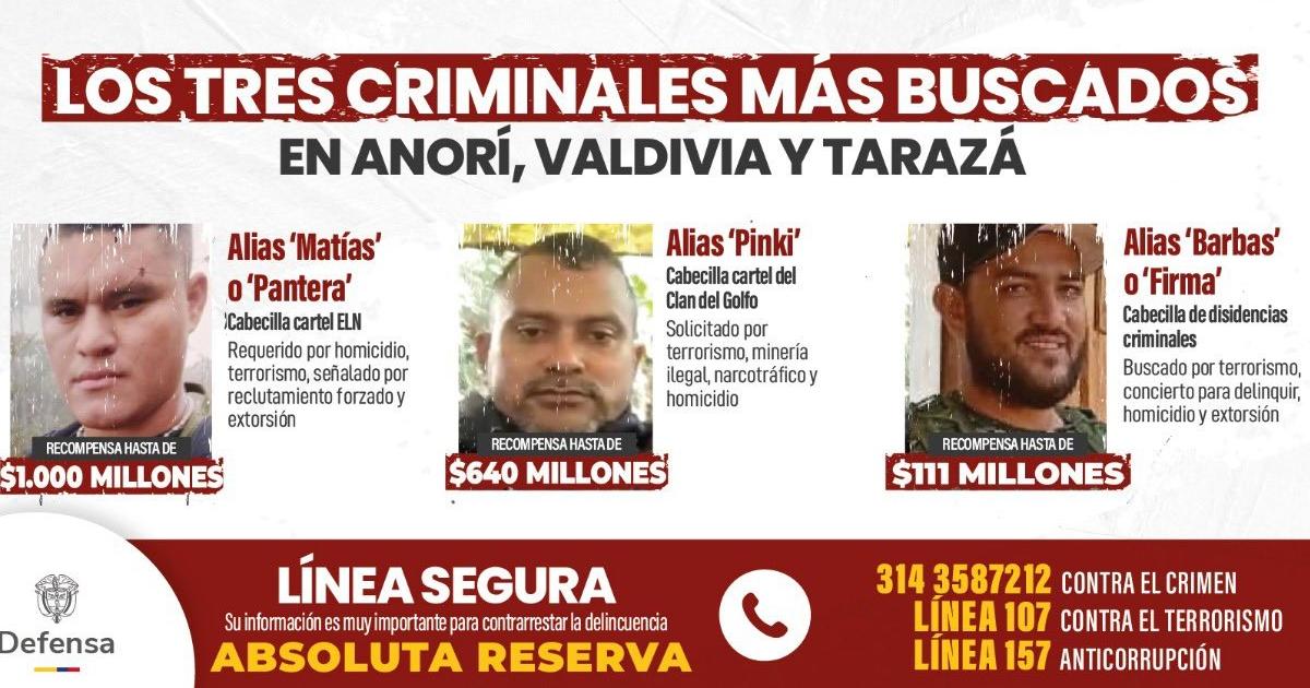 Conozca los delincuentes más buscados en Anorí, Valdivia y Tarazá