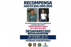 A 50 millones de pesos aumentó la recompensan de niño desaparecido en Medellín 