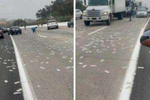 Camión blindado dejó caer fajos de dólares y causó un alboroto en California