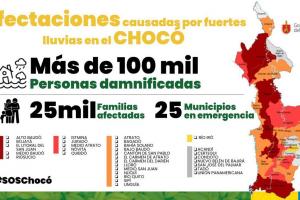 Gobernadora de Chocó informó que las lluvias han dejado a más de 100 mil personas damnificadas