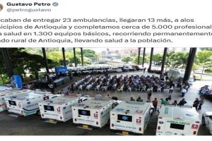 Gobernador de Antioquia asegura que trino del presidente Gustavo Petro sobre entrega de ambulancias es un reencauche de 2023