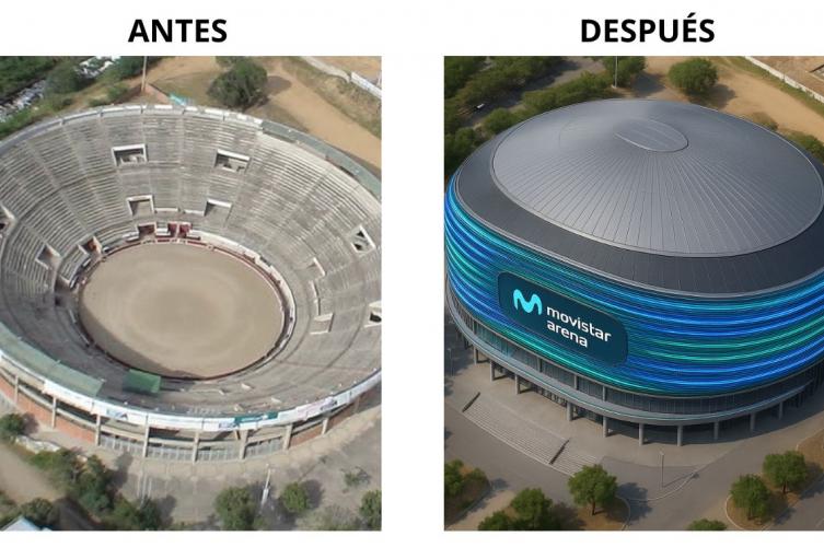 Plaza de toros Señor de los Milagros y Movistar Arena en Bucaramanga (imagen de referencia creada con IA)