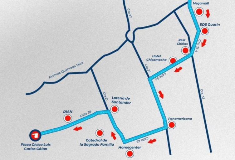 Ruta de la marcha a favor de Uribe en Bucaramanga