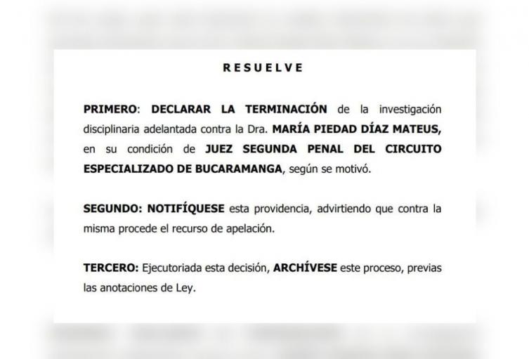 Fallo de la Comisión de Disciplina Judicial sobre la hermana del gobernador de Santander