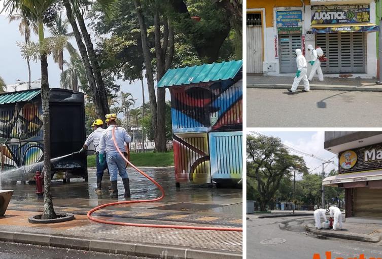 Ibagué Limpia está desinfectando los parques, plazas y calles del centro de la ciudad