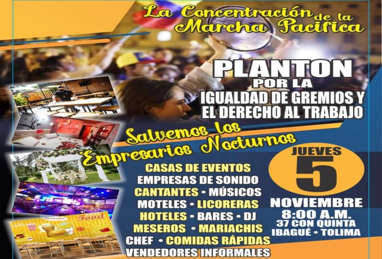 Casas de eventos y comercio nocturno realizarán plantón en las calles de Ibagué