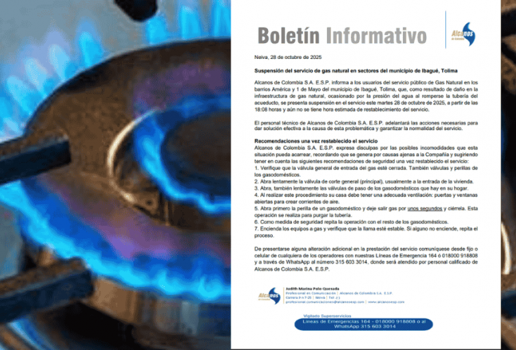Interrupción temporal del servicio de gas natural afecta a varios sectores de Ibagué Interrupción temporal del servicio de gas natural afecta a varios sectores de Ibagué
