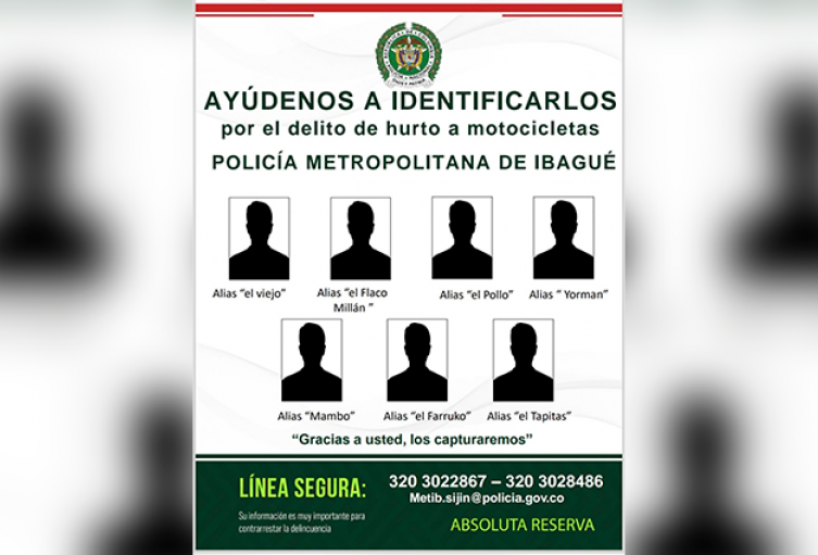Difunden cartel de los más buscados por hurto de motocicletas en Ibagué Difunden cartel de los más buscados por hurto de motocicletas en Ibagué
