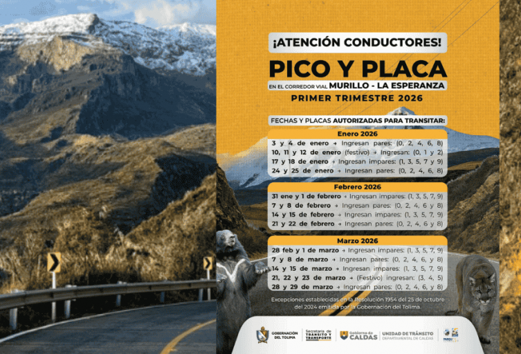 Definen restricción vehicular en el corredor Murillo – La Esperanza durante el primer trimestre de 2026