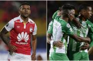 Wilson Morelo, delantero de Santa Fe, y jugadores de Atlético Nacional